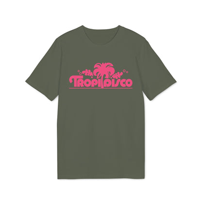 Green t-shirt with a pink "Tropi Disco" text and palm tree graphic.