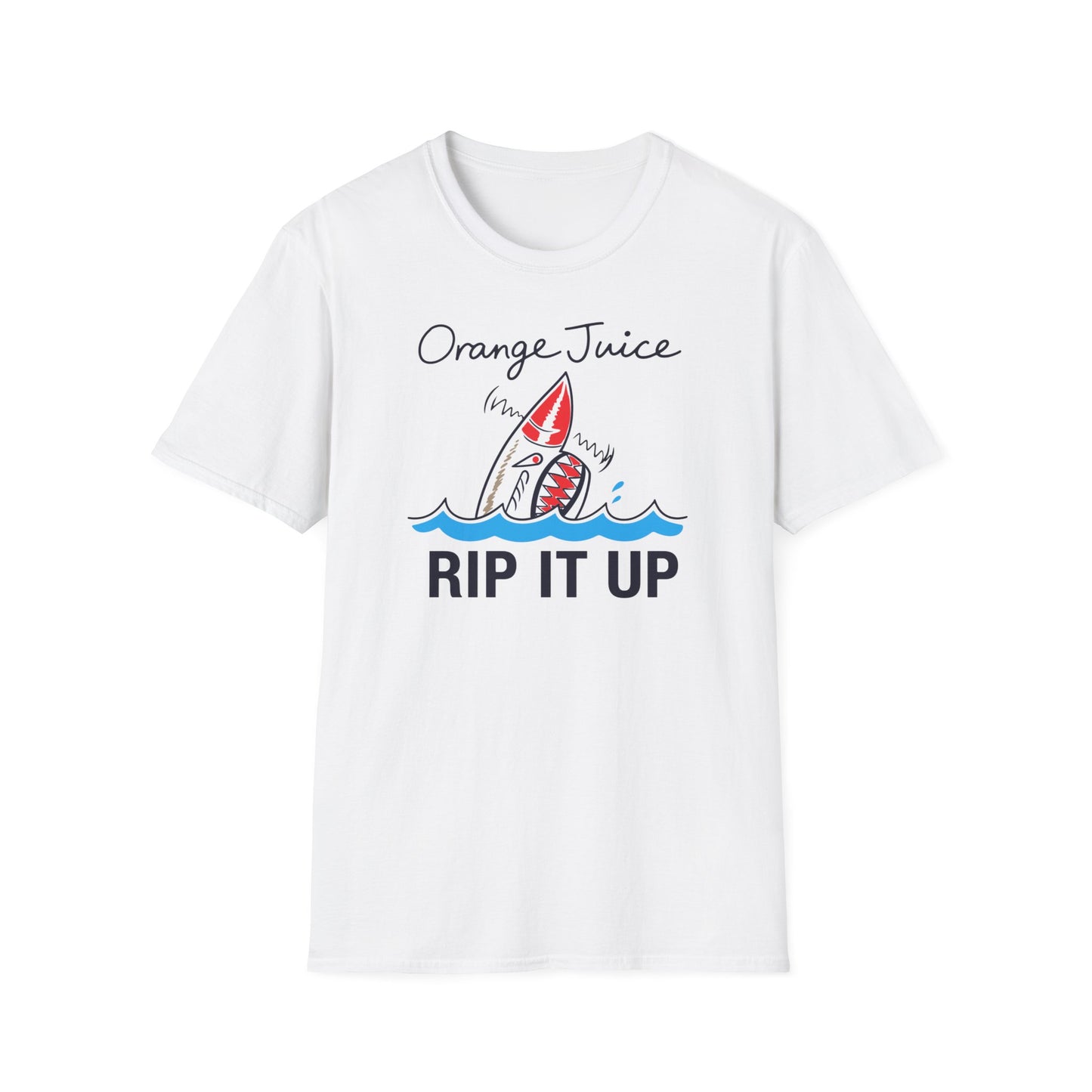 White t-shirt with "Orange Juice" and "RIP IT UP" text, featuring a shark graphic.