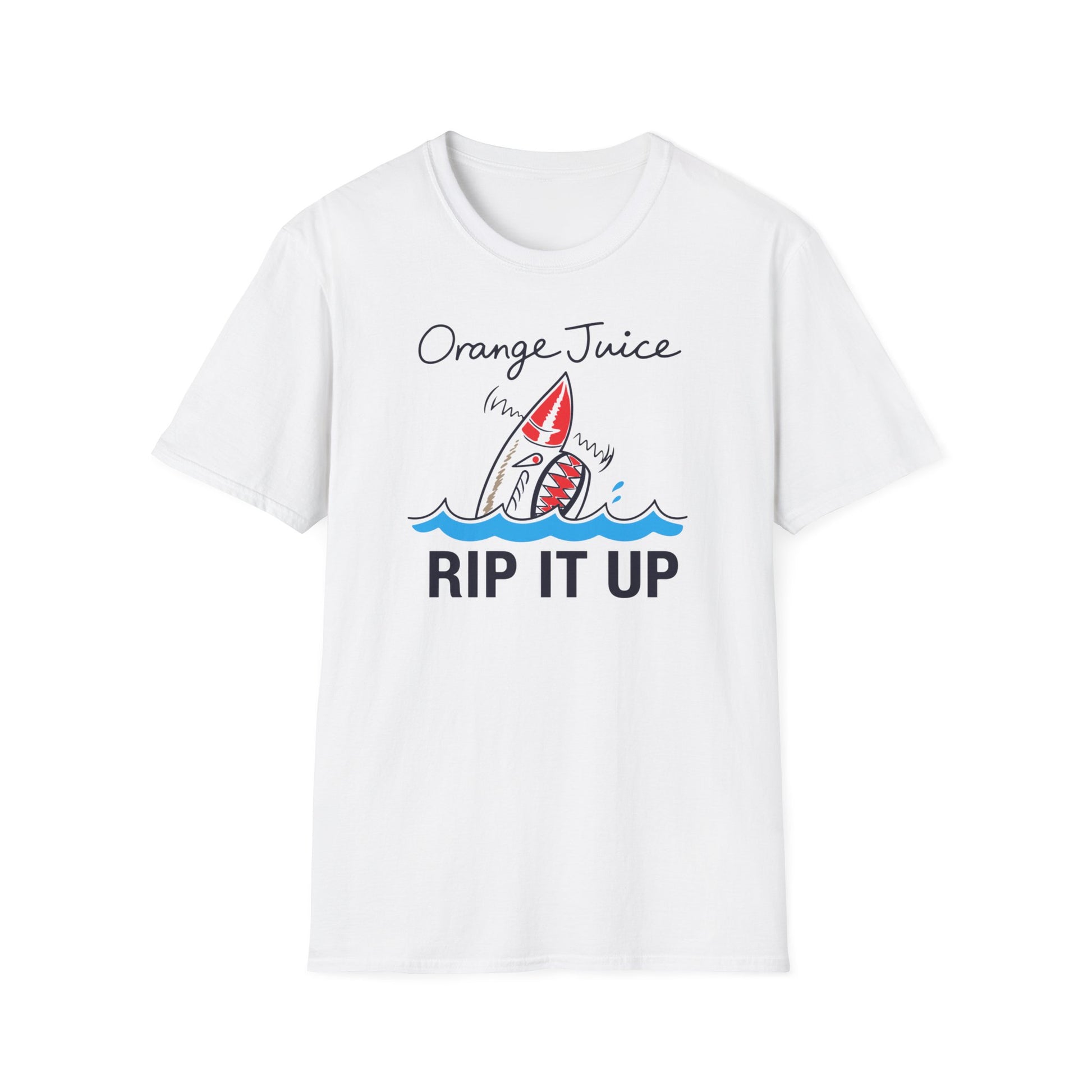 White t-shirt with "Orange Juice" and "RIP IT UP" text, featuring a shark graphic.