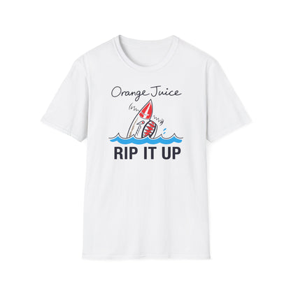 White t-shirt with "Orange Juice" and "RIP IT UP" text, featuring a shark graphic.