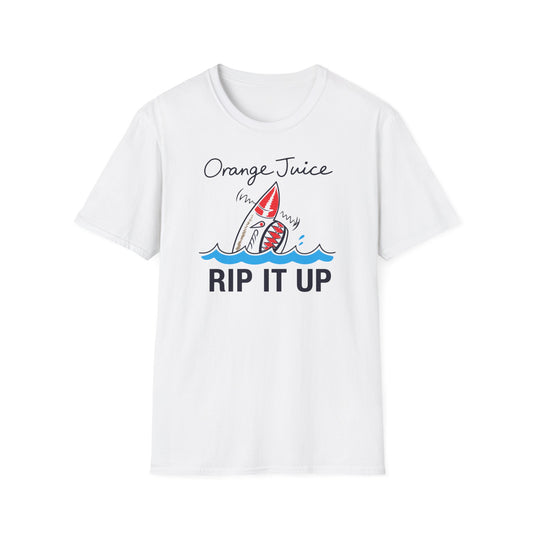 White t-shirt with "Orange Juice" and "RIP IT UP" text, featuring a shark graphic.