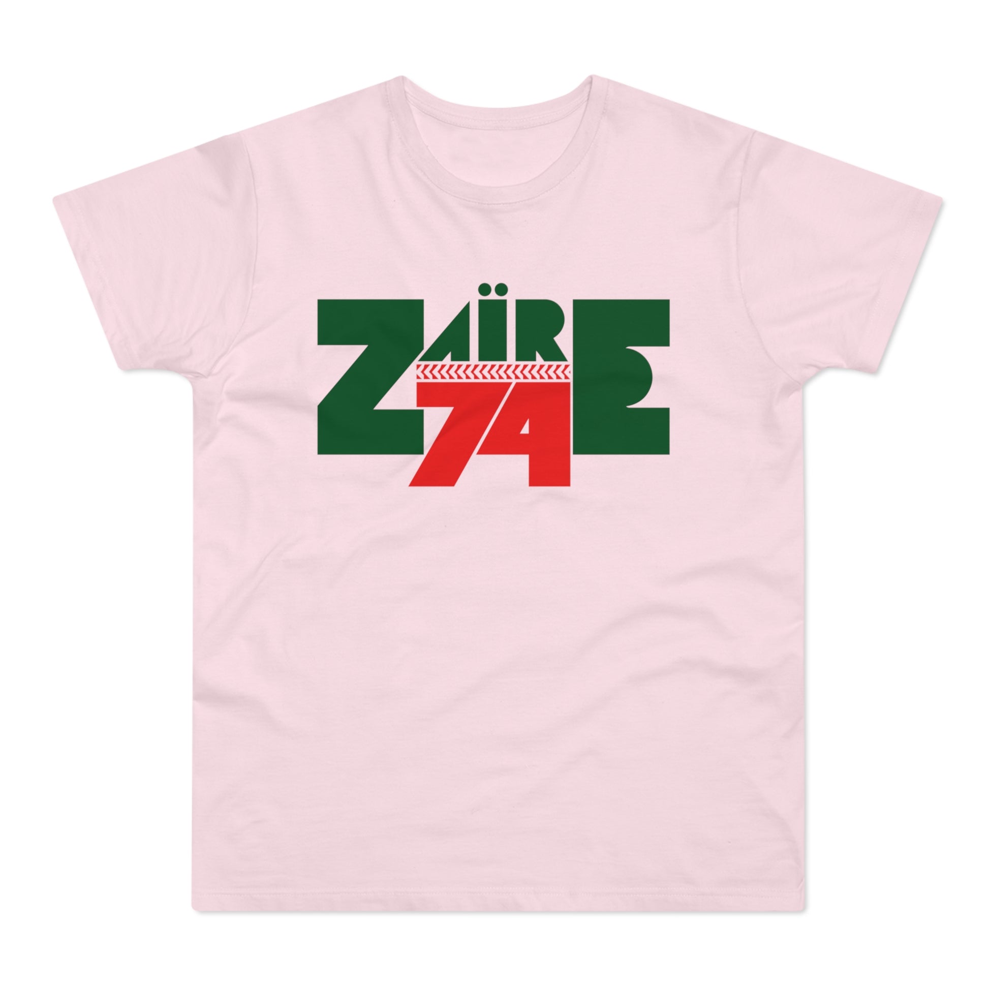 Pink t-shirt with green and red "ZÄIRE 74" graphic.
