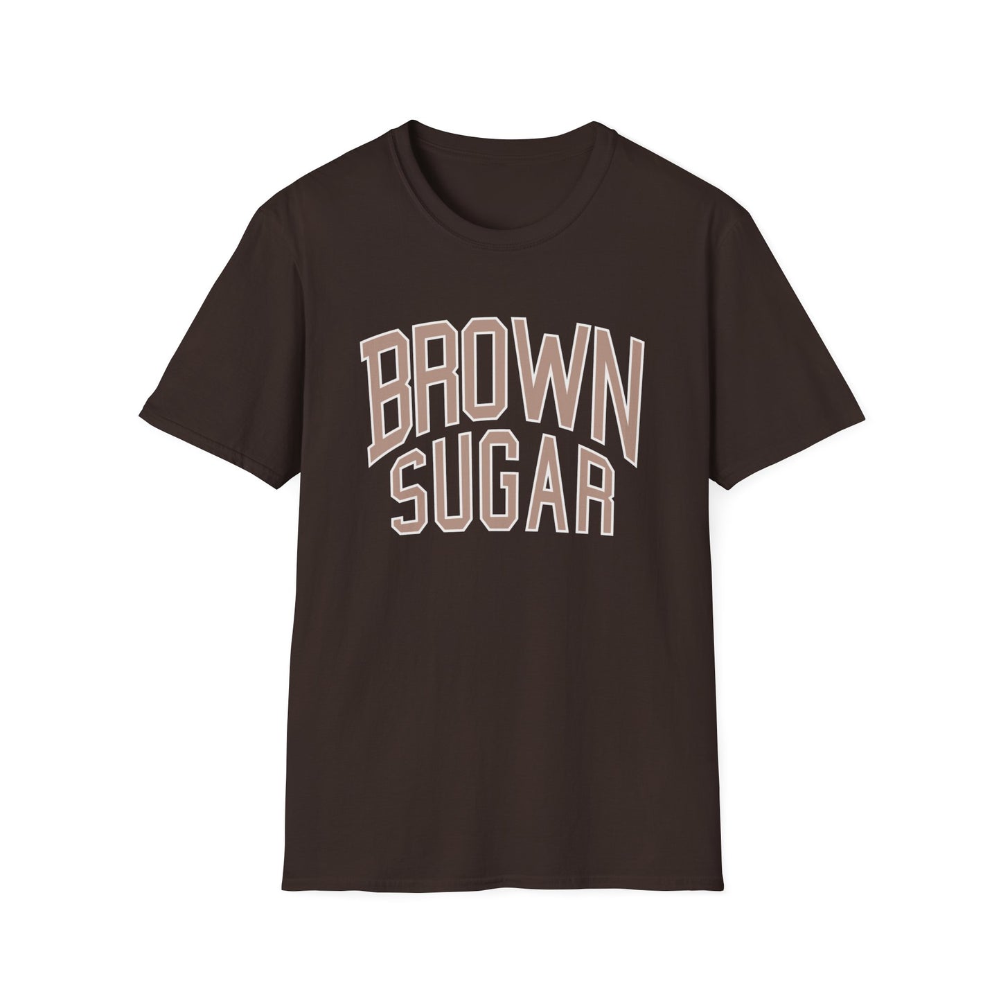 Brown t-shirt with "BROWN SUGAR" text printed in a collegiate style.