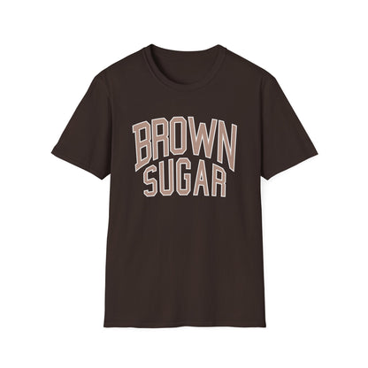 Brown t-shirt with "BROWN SUGAR" text printed in a collegiate style.
