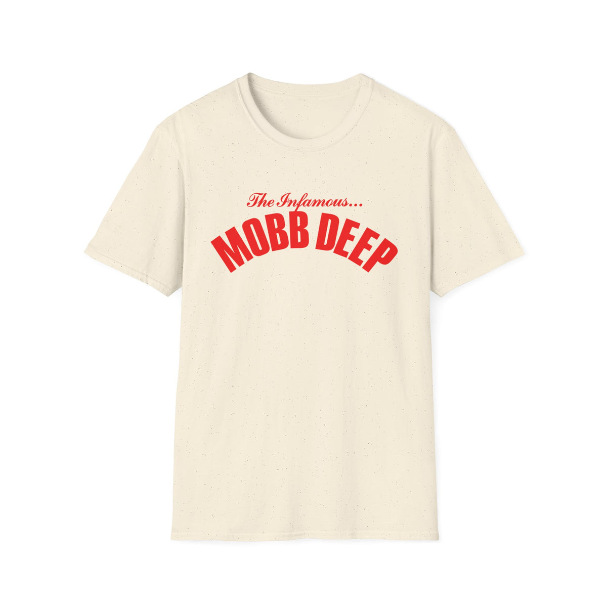 Cream t-shirt with red "The Infamous... MOBB DEEP" text logo.