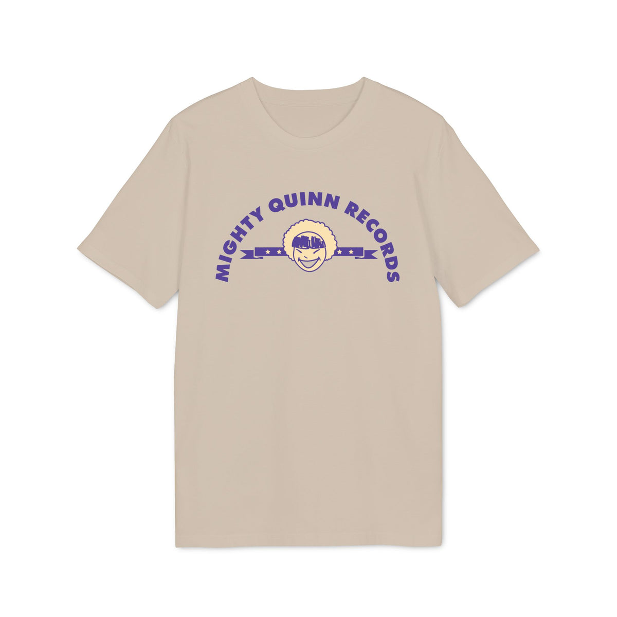Tan t-shirt with purple "Mighty Quinn Records" text and logo.