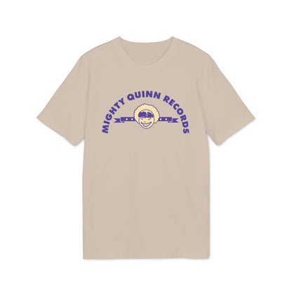Tan t-shirt with purple "Mighty Quinn Records" text and logo.