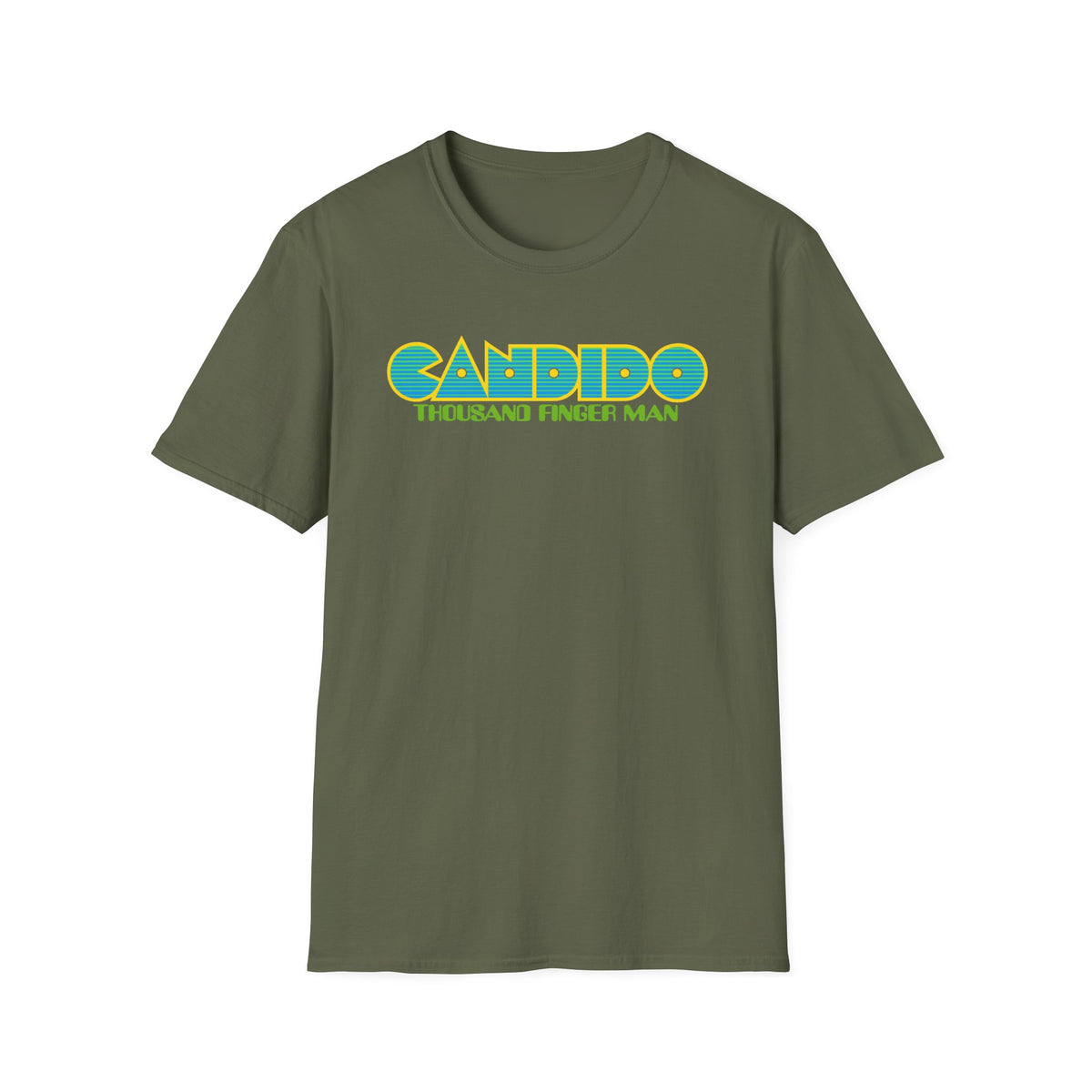 Olive green t-shirt with yellow and blue "CANDIDO THOUSAND FINGER MAN" text.