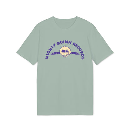 Light green t-shirt with purple "Mighty Quinn Records" text and cartoon face logo.