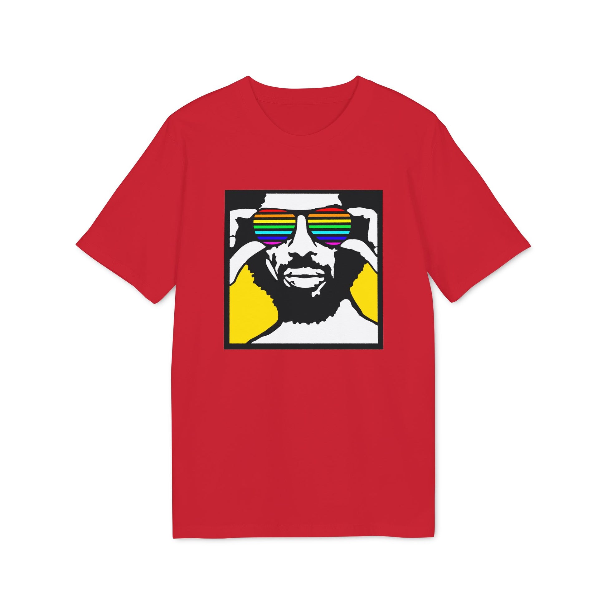 Red t-shirt with a graphic of a man wearing rainbow sunglasses and hands over his face.