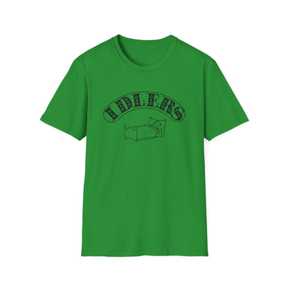 Green t-shirt with "HIDDLERS" text above a drawing of a person in bed.