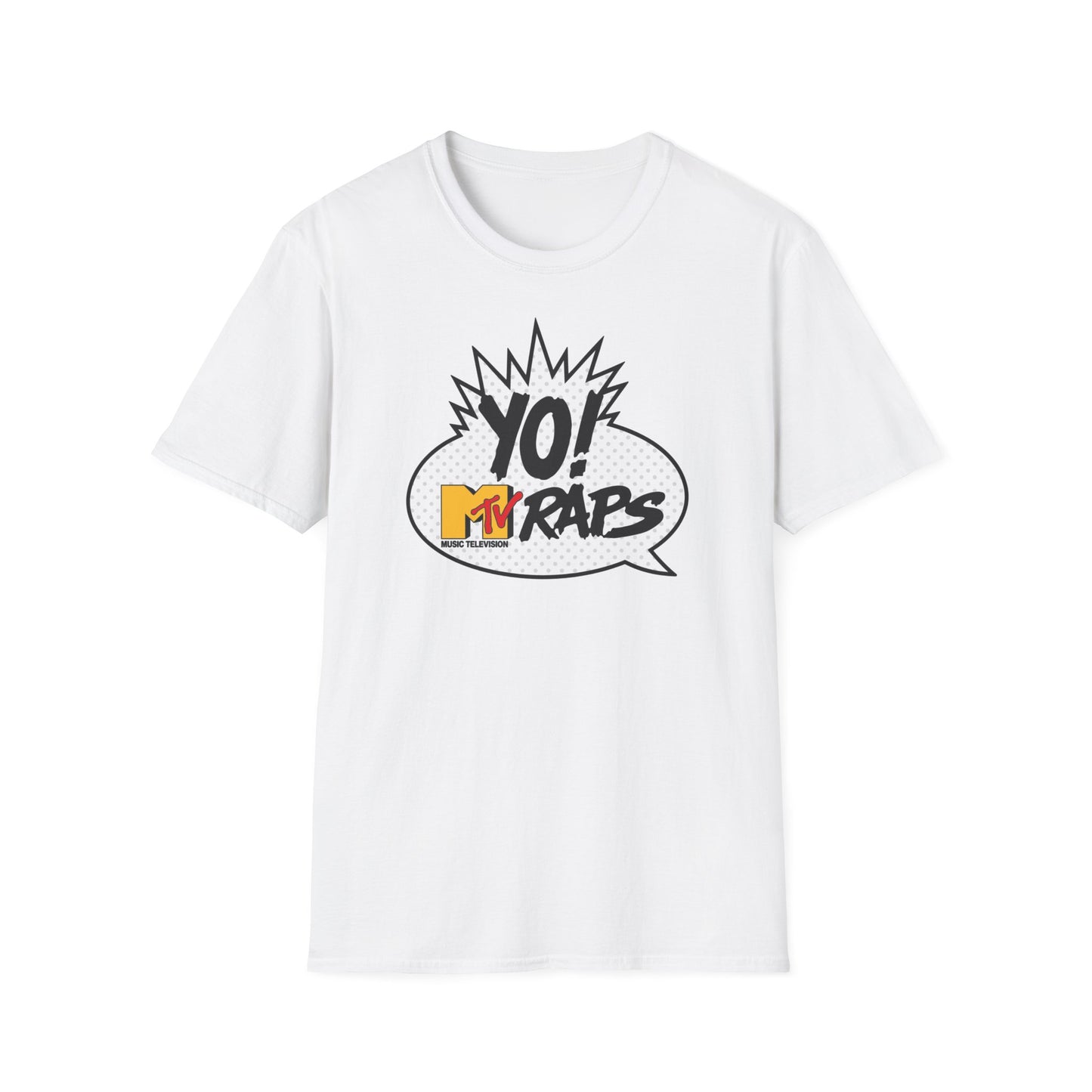 White t-shirt with a black and white comic-style graphic featuring "YO! MTV RAPS" text.