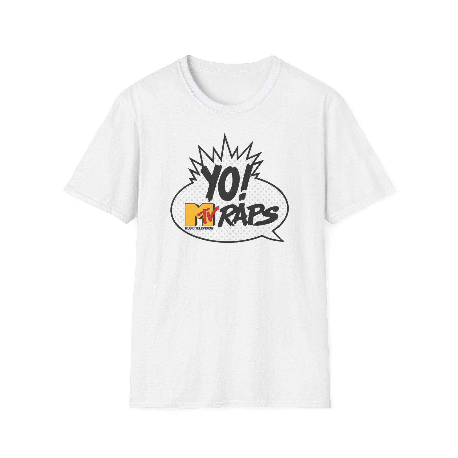 White t-shirt with a black and white comic-style graphic featuring "YO! MTV RAPS" text.