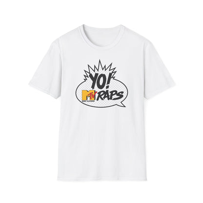 White t-shirt with a black and white comic-style graphic featuring "YO! MTV RAPS" text.