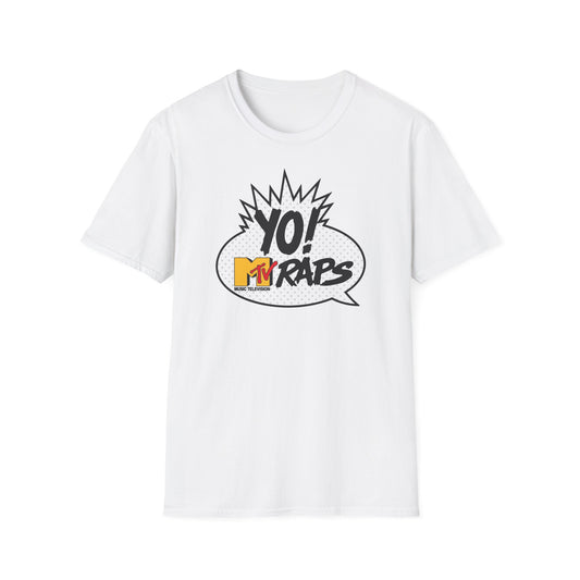 White t-shirt with a black and white comic-style graphic featuring "YO! MTV RAPS" text.