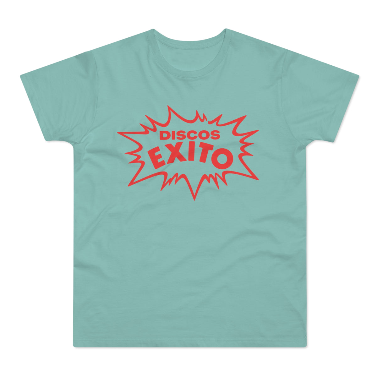 Teal t-shirt with red "Discos Exito" text in a pop art explosion design.