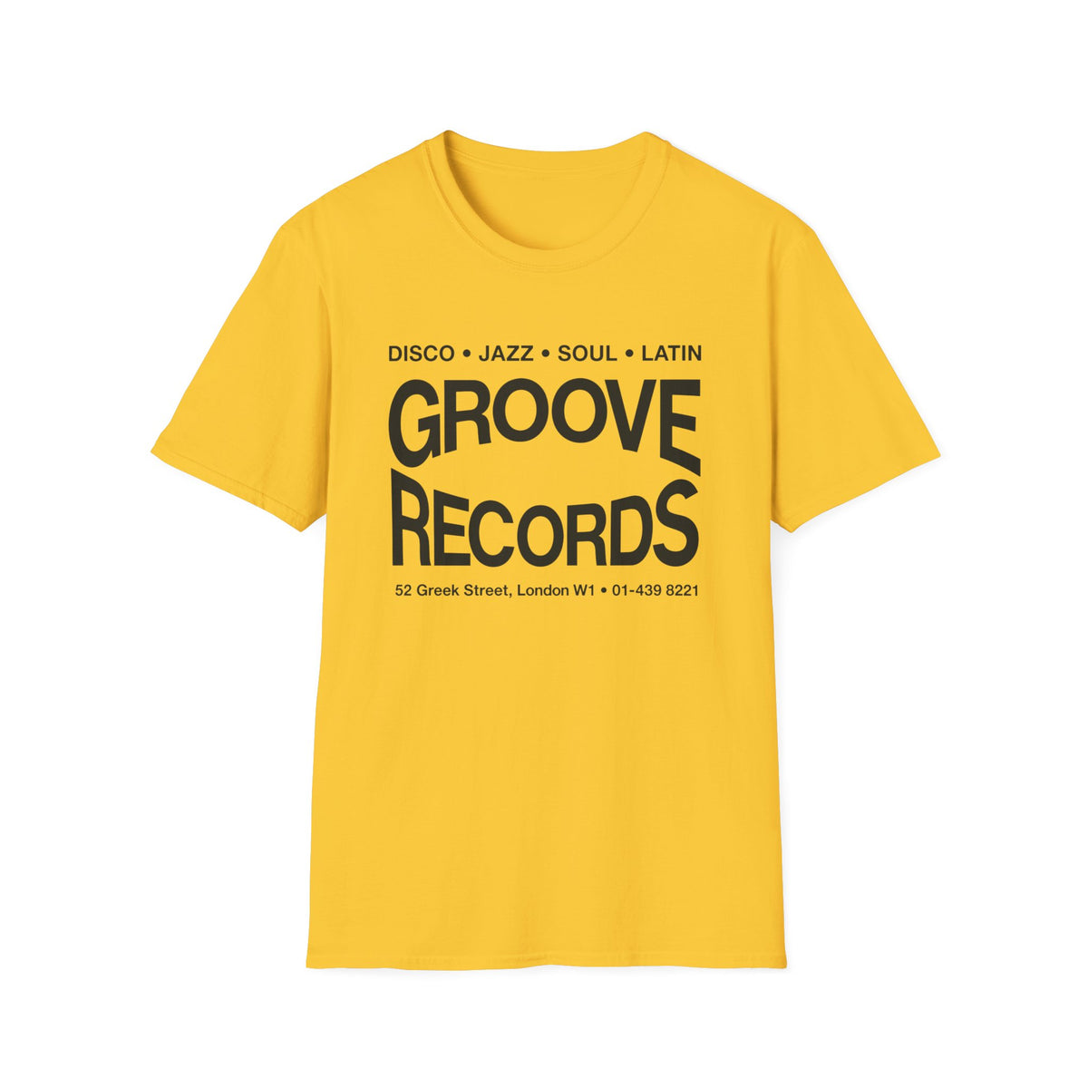 Yellow t-shirt with black text reading "Groove Records" and music genres.