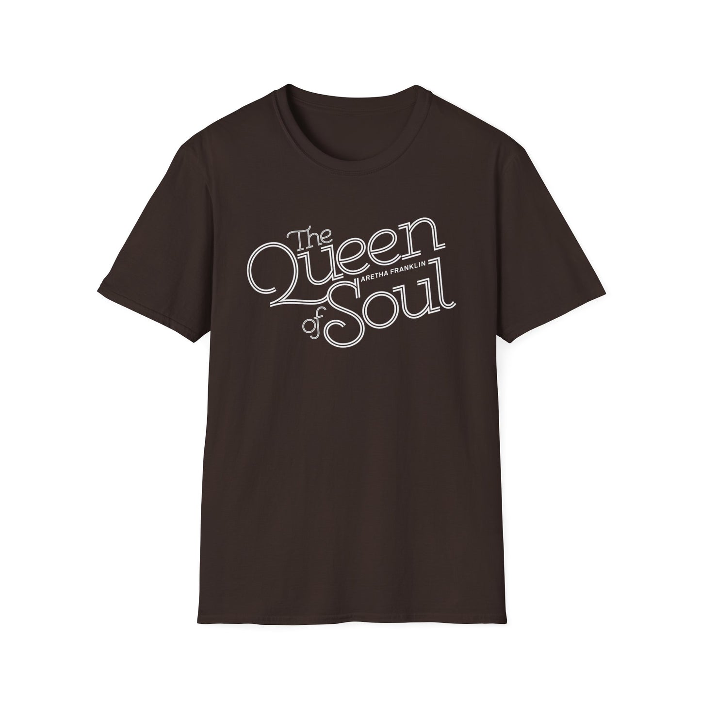 Brown t-shirt with white text reading "The Queen of Soul" Aretha Franklin.