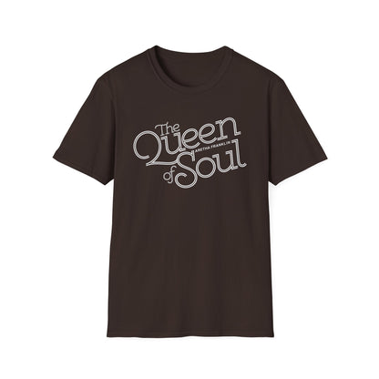 Brown t-shirt with white text reading "The Queen of Soul" Aretha Franklin.