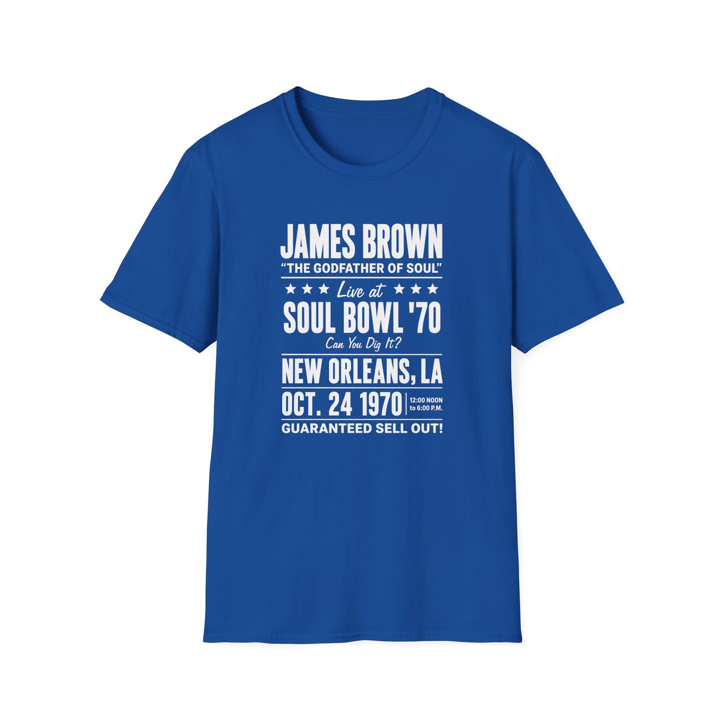 Blue t-shirt with James Brown Soul Bowl '70 concert text.