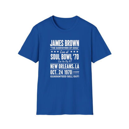 Blue t-shirt with James Brown Soul Bowl '70 concert text.