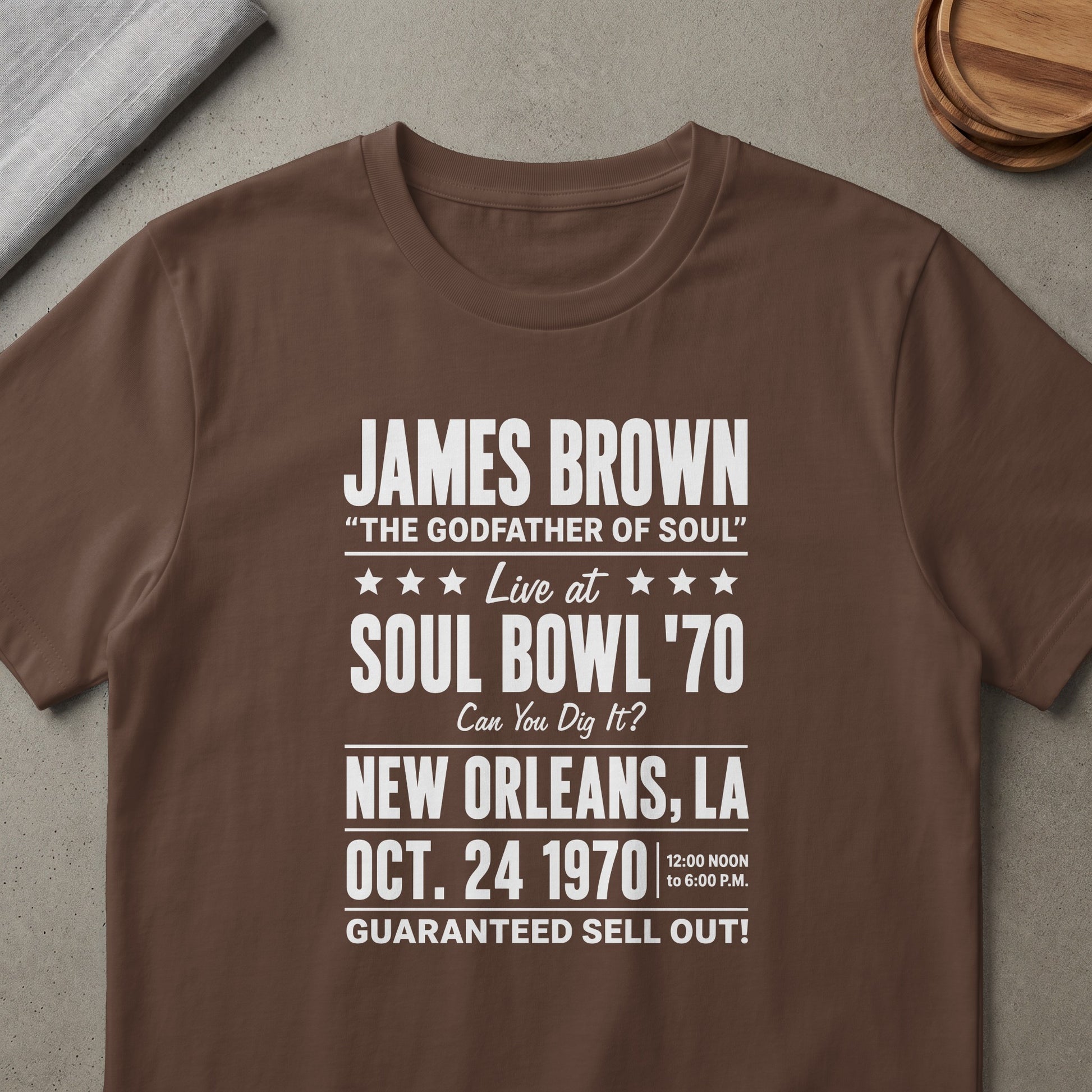 James Brown Soul Bowl '70 concert tee in New Orleans, LA on Oct. 24, 1970.