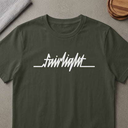 Dark olive green t-shirt with white "fairlight" text in a handwritten style.