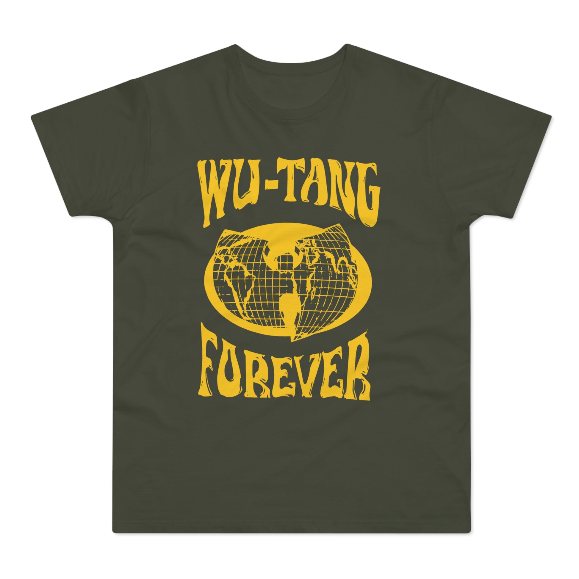Dark green t-shirt with yellow "WU-TANG FOREVER" text and a globe logo.