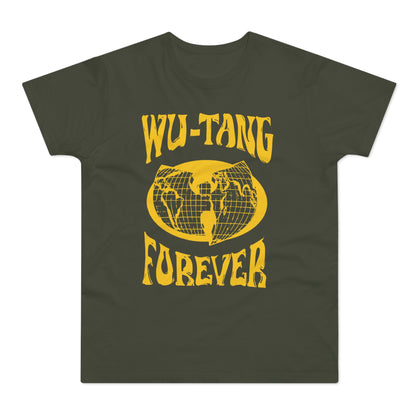 Dark green t-shirt with yellow "WU-TANG FOREVER" text and a globe logo.