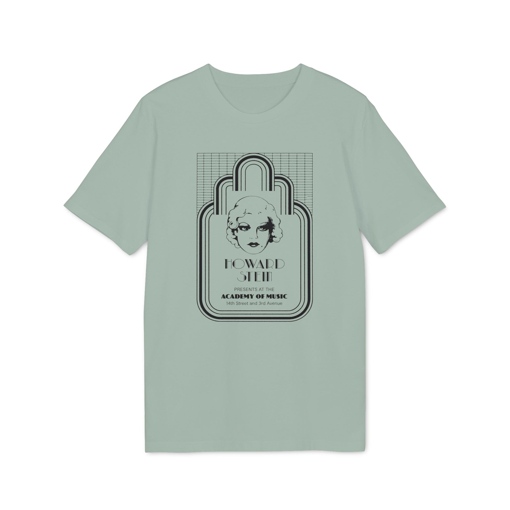 Light sage t-shirt with black graphic of a woman's face, "Howard Stein" and "Academy of Music" text.