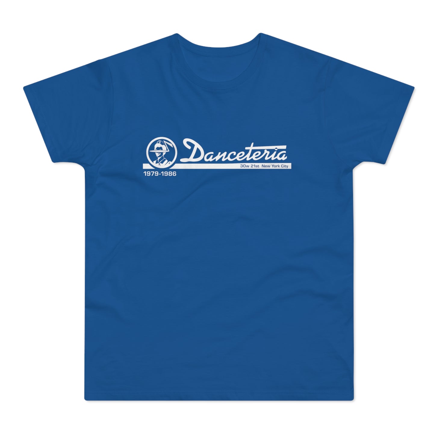 Royal blue t-shirt with white "Danceteria 1979-1986 30w 21st New York City" logo.