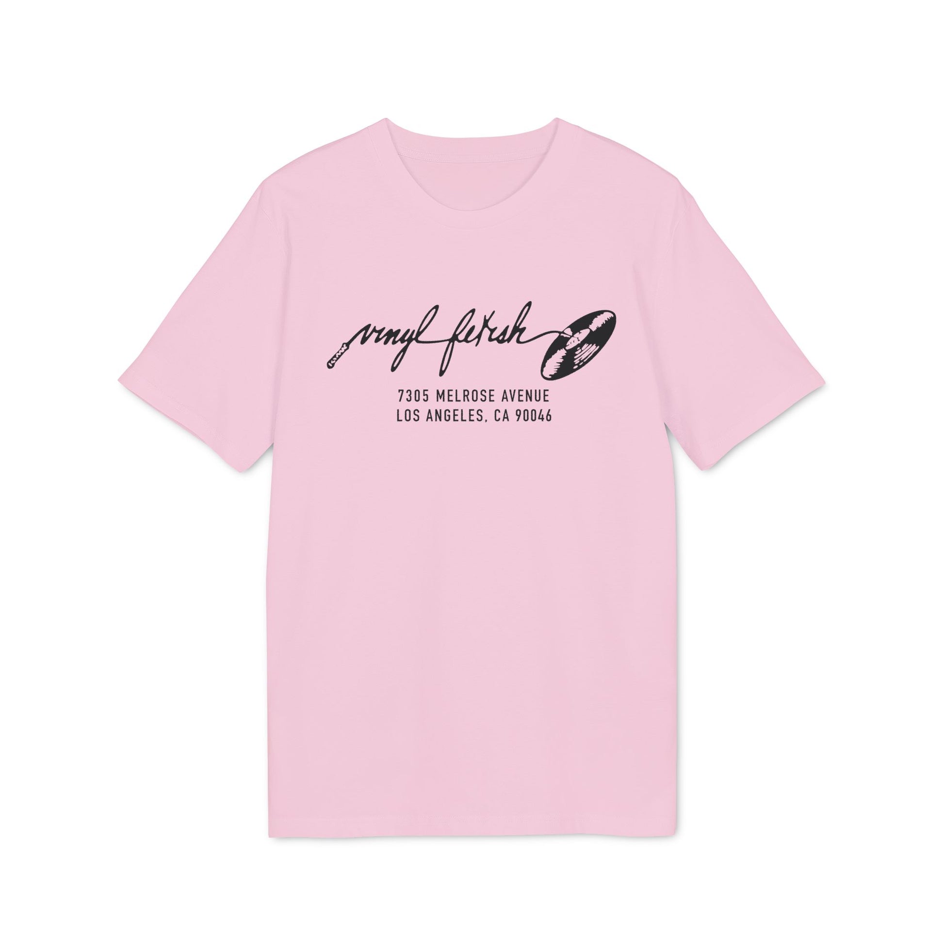 Pink t-shirt with black graphic of vinyl record and text address.
