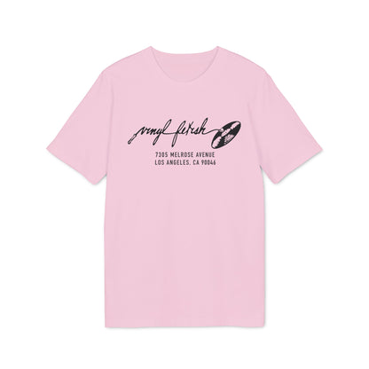 Pink t-shirt with black graphic of vinyl record and text address.
