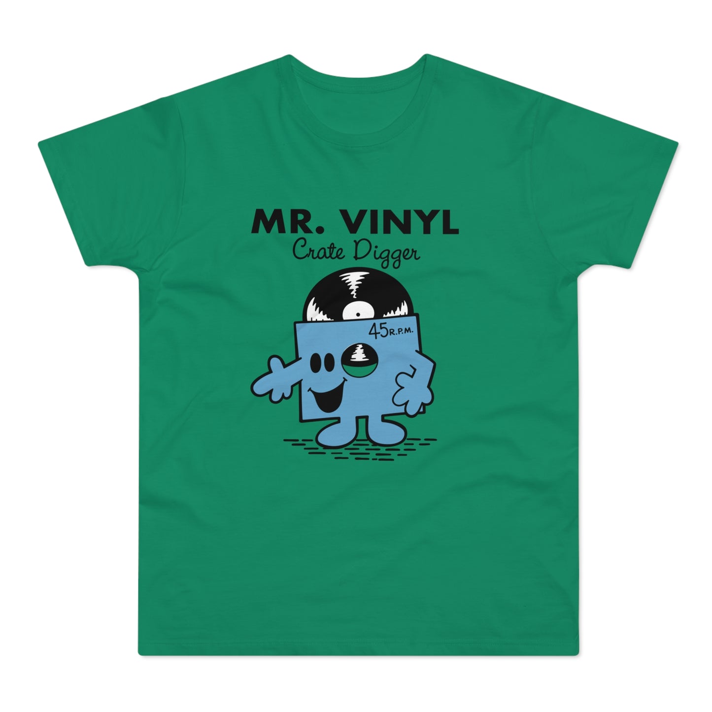 MR. VINYL Crate Digger text with cartoon vinyl record character and 45 R.P.M label.