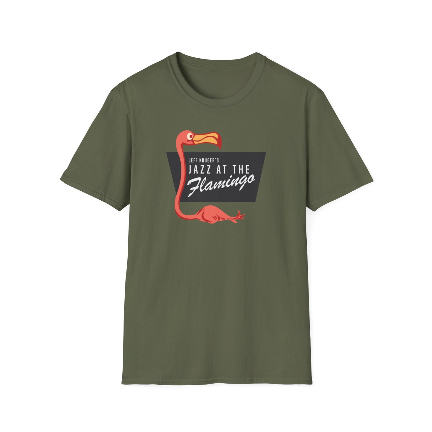 Olive green t-shirt with "Jeff Kruger's Jazz at The Flamingo" text and a flamingo graphic.