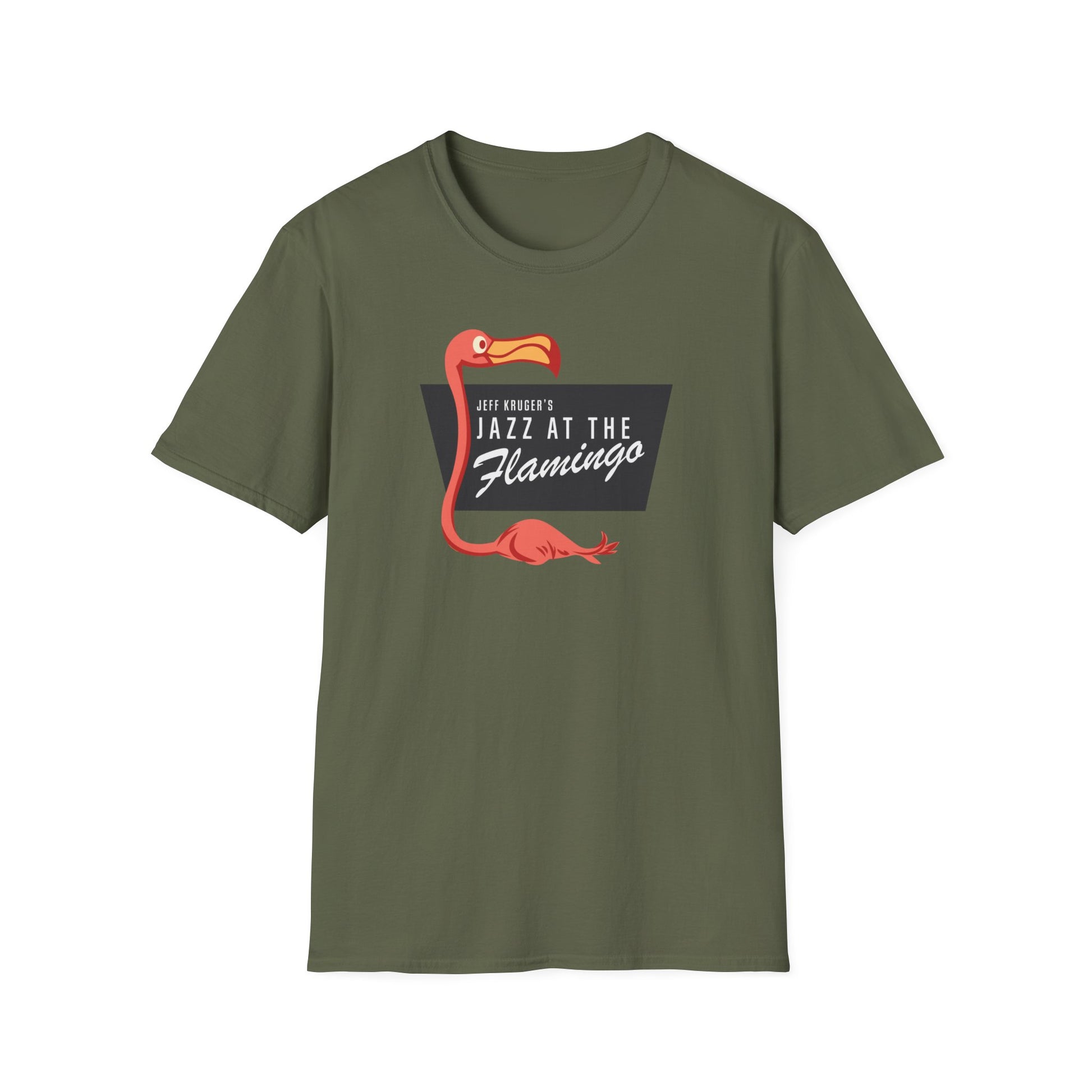 Olive green t-shirt with "Jeff Kruger's Jazz at The Flamingo" text and a flamingo graphic.