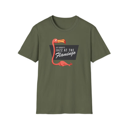 Olive green t-shirt with "Jeff Kruger's Jazz at The Flamingo" text and a flamingo graphic.