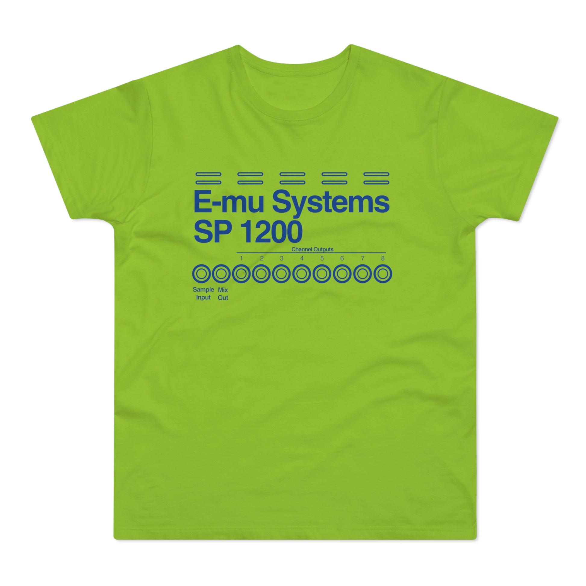 Lime green t-shirt featuring blue E-mu Systems SP 1200 logo and channel outputs.