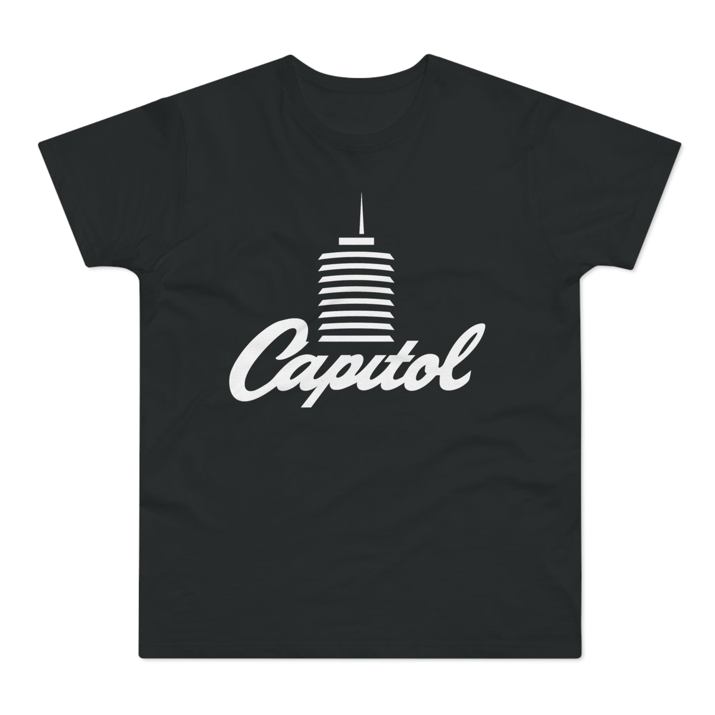 Black t-shirt with white text and graphic of a building.