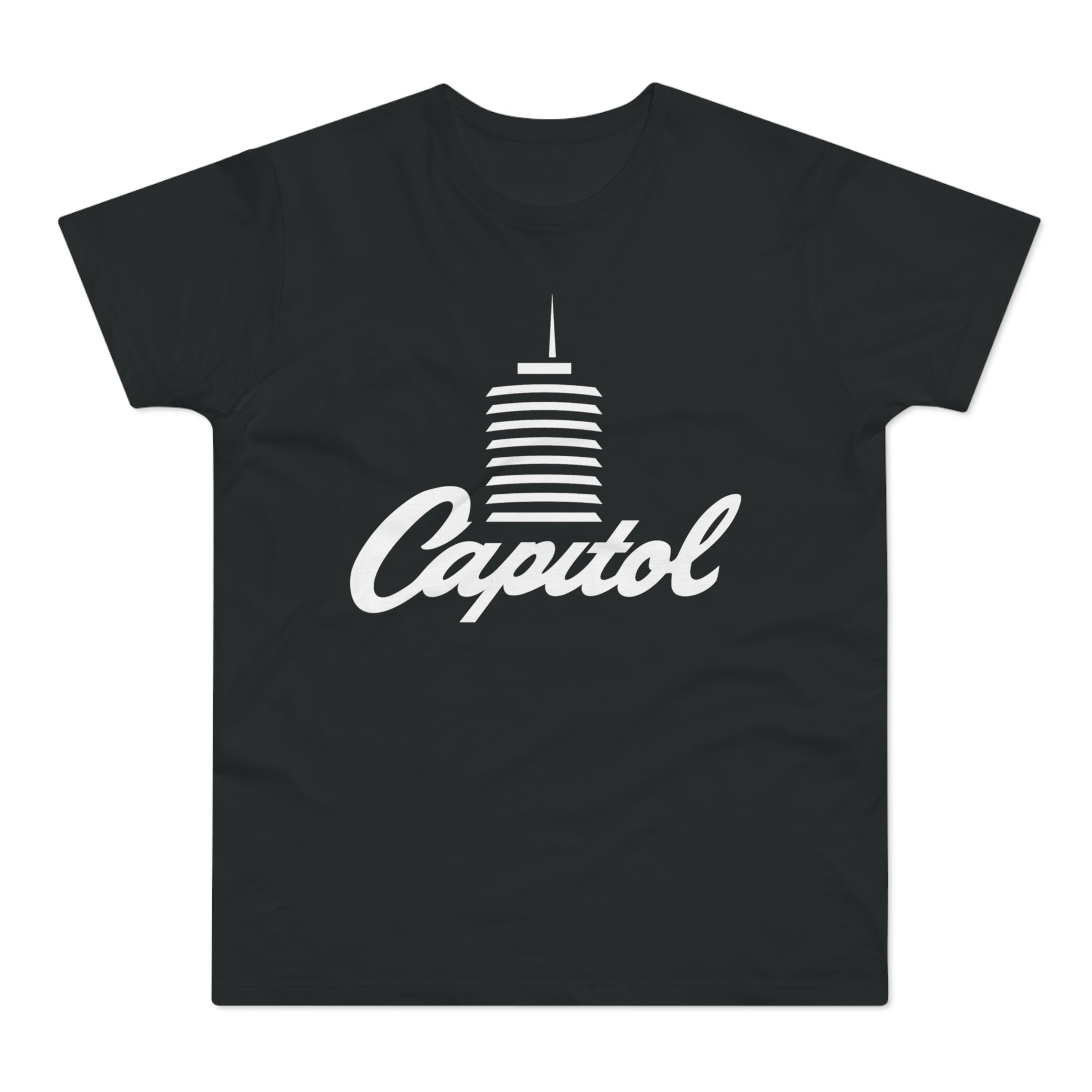 Black t-shirt with white text and graphic of a building.