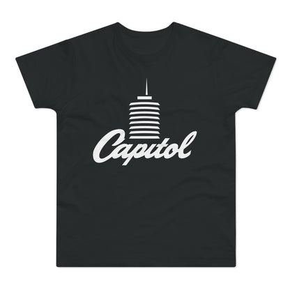 Black t-shirt with white text and graphic of a building.