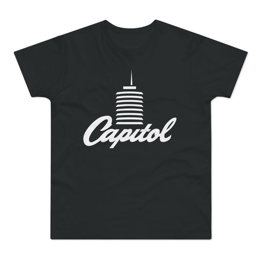 Black t-shirt with white text and graphic of a building.