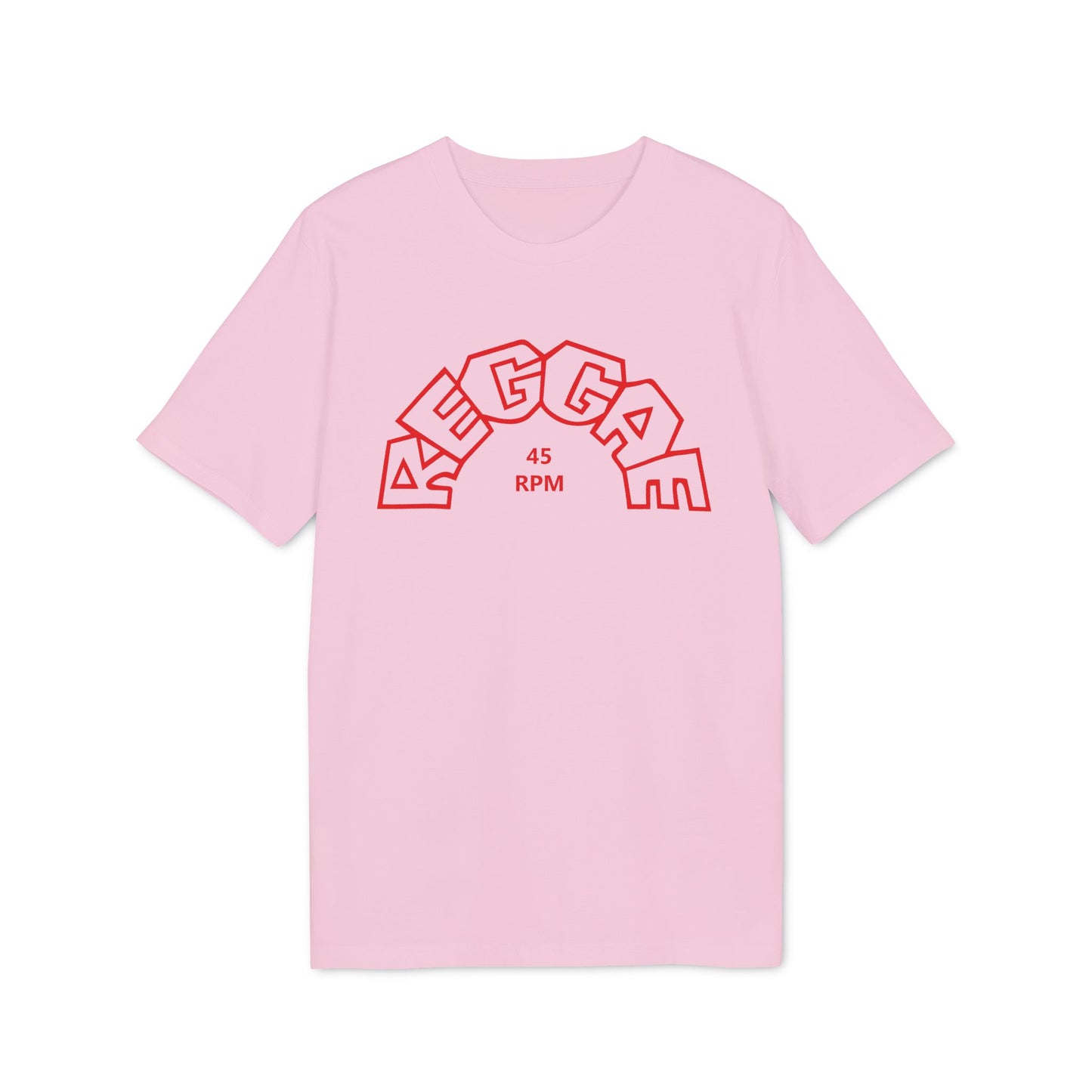 Pink t-shirt with red "REGGAE 45 RPM" text graphic.