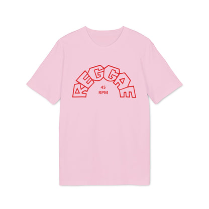 Pink t-shirt with red "REGGAE 45 RPM" text graphic.