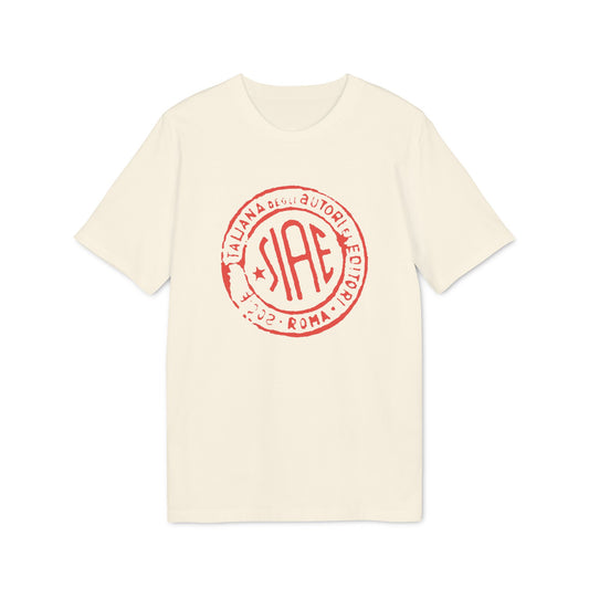 Cream t-shirt with red SIAE logo stamp including "ITALIANA DEGLI AUTORI EDITORI" and "2022 ROMA".