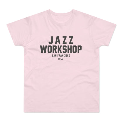 Pink t-shirt with black text "JAZZ WORKSHOP SAN FRANCISCO 1957"