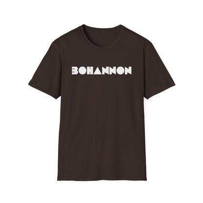 Brown t-shirt with white geometric "BOHANNON" text on chest.