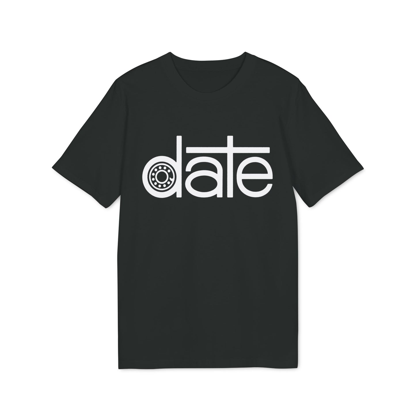 Black t-shirt with white text "date" where the "a" is replaced by a wheel.
