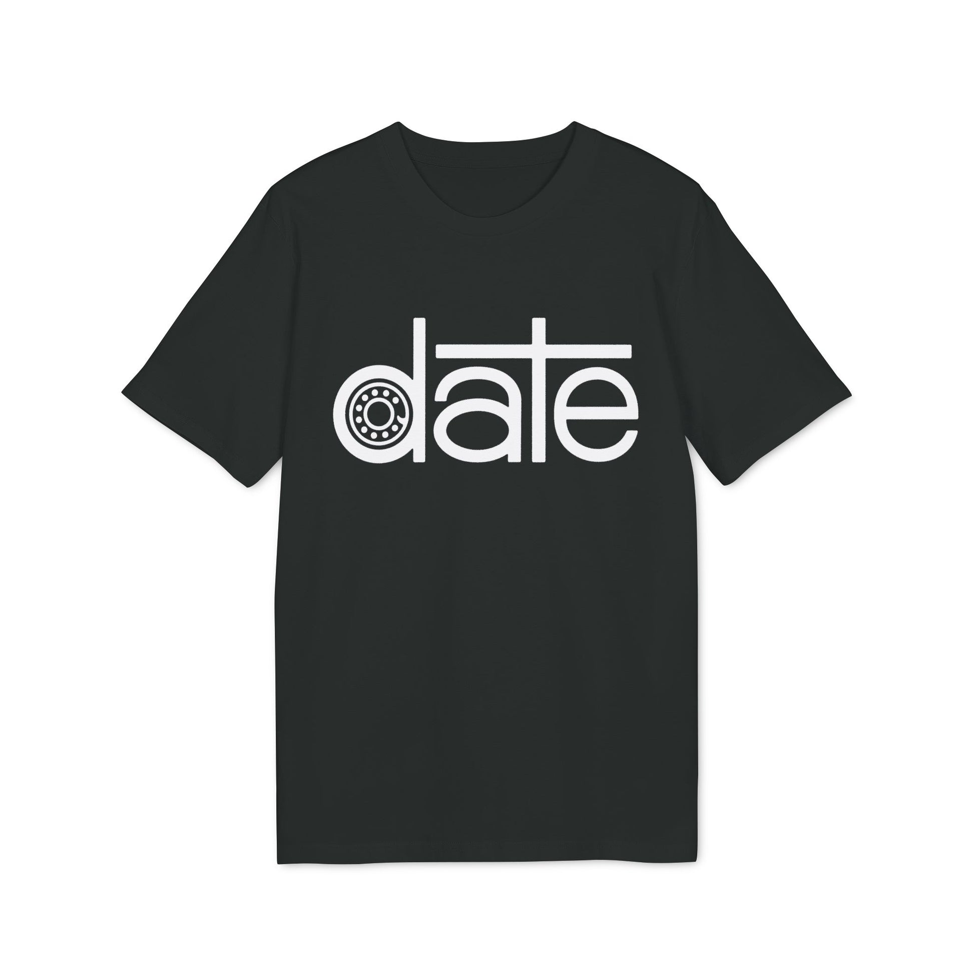 Black t-shirt with white text "date" where the "a" is replaced by a wheel.