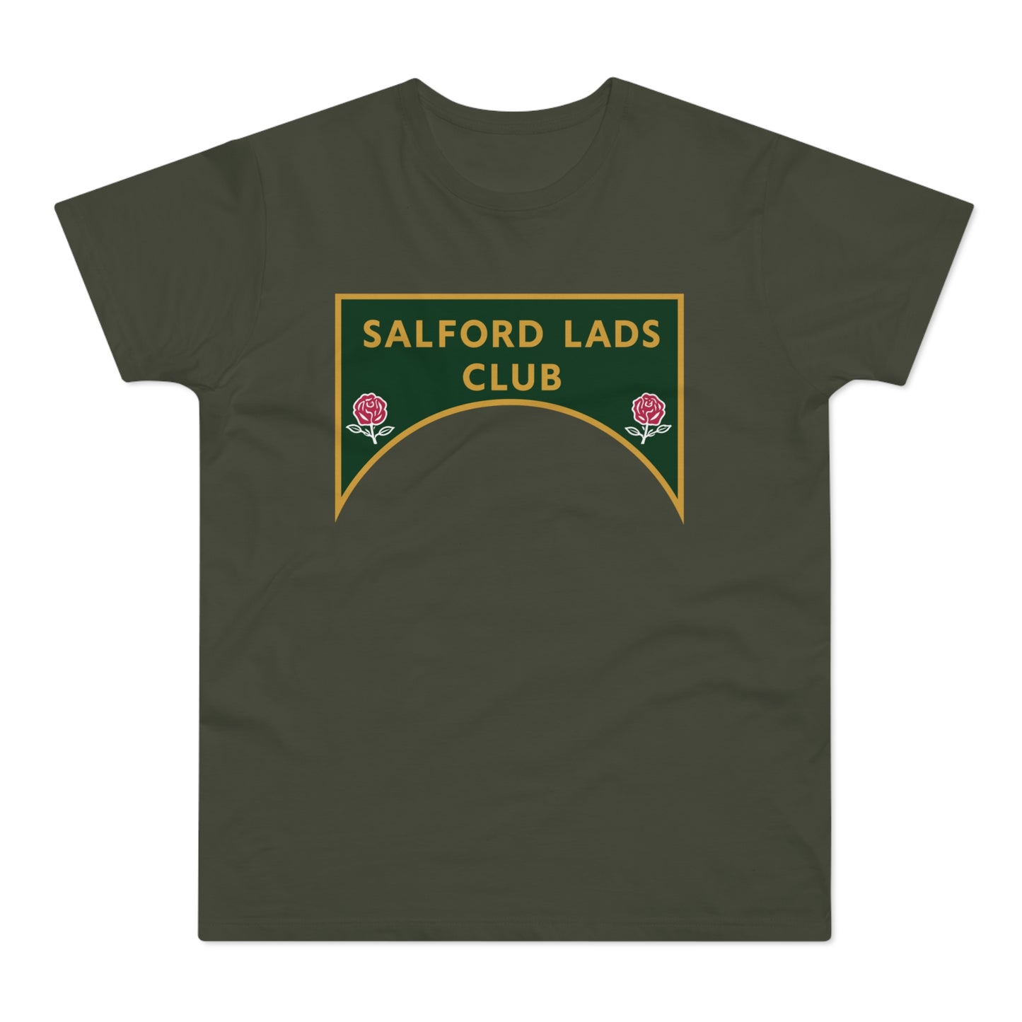 Dark green t-shirt with a yellow-bordered crest featuring "SALFORD LADS CLUB" and two roses.